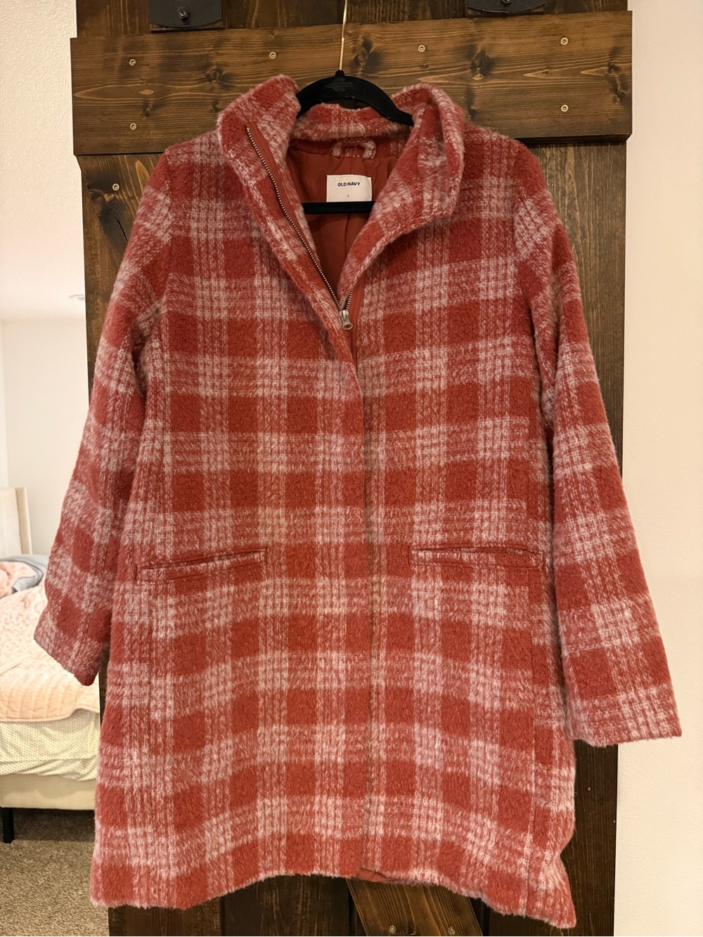 Old Navy Rust and Light Pink Plaid Trench Coat